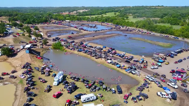 Aerial view of camping packed in close to the main pits and vending area